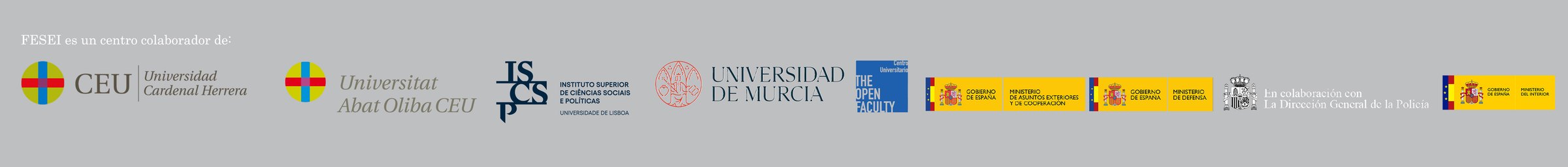 FESEI es un centro colaborador de: Universidad CEU Cardenal Herrera, Universitat Abat Oliba CEU, ISCSP · Universidade de Lisboa, Universidad de Murcia, The Open Faculty, Ministerio de Asuntos Exteriores, Ministerio de Defensa, Dirección General de la Policía y Ministerio del Interior